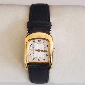 Ladies Coach 19mm Gold Plated Watch‎ Genuine Black Leather Band White Dial W301